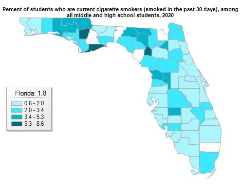 Florida map of percent of students that are current smokers in 2020