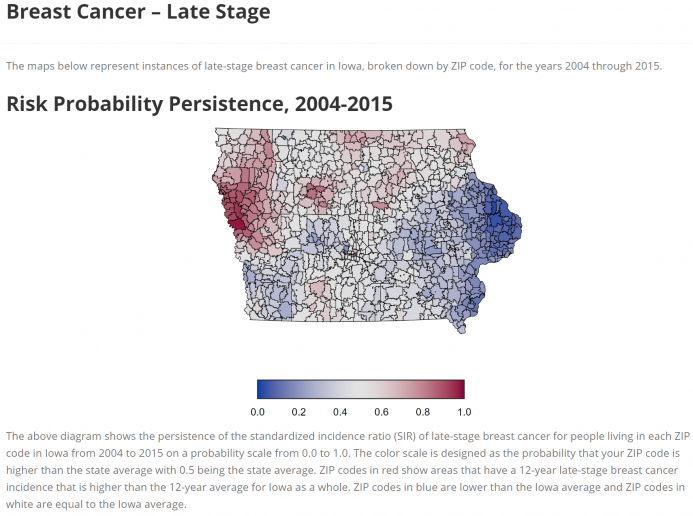 Iowa map showing instances of late-stage breast cancer
